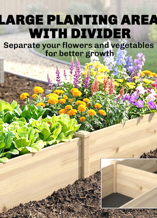 96" x 24" x 10" Wooden Raised Garden Bed with 2 Planter Boxes and Non-woven Fabric Liner for Patio, Natural