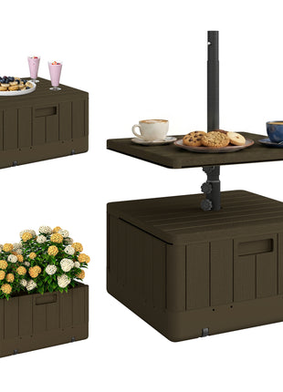 Patio Umbrella Base with Table Tray, Heavy Duty Weighted Umbrella Stand， Wheels Handles, 176lbs，Stand Filling, Brown