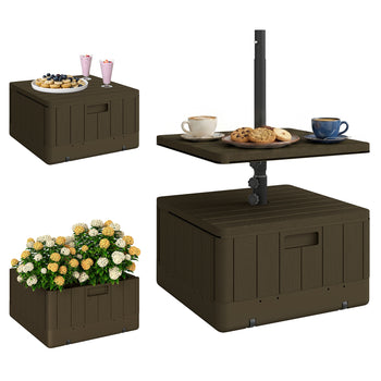 Patio Umbrella Base with Table Tray, Heavy Duty Weighted Umbrella Stand， Wheels Handles, 176lbs，Stand Filling, Brown