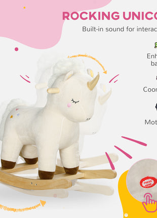 Kids Rocking Horse, Ride on Unicorn with Realistic Sounds & Wooden Base for Years 2-4, White