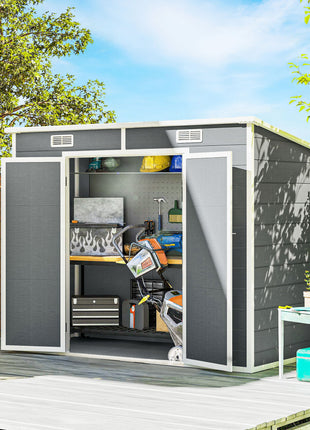 8' x 4' Plastic Outdoor Storage Shed with Floor, Window, Lockable Doors and Vents for Backyard Patio Lawn, Gray