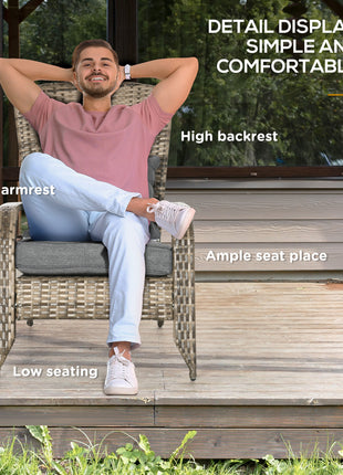 Patio Wicker Adirondack Chair, Outdoor All-Weather Rattan Fire Pit Chair w/ Soft Cushions, Tall Curved Backrest and Comfortable Armrests for Deck or Garden, Mixed Tan/Dark Gray
