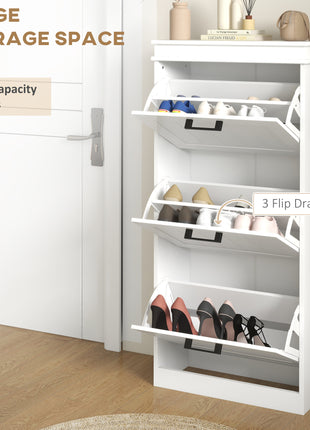 Modern Shoe Storage Cabinet with 3 Flip Drawers for 15 Pairs, Narrow Shoe Organizer for Entryway, Hallway, White