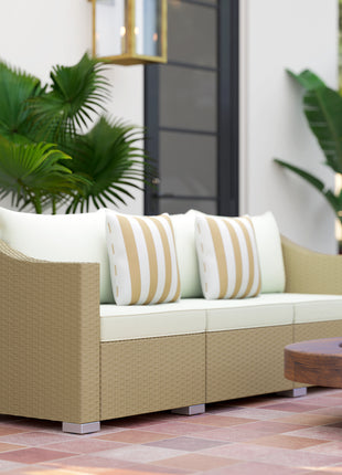 Rattan Wicker 3 Seater Patio Couch with Cushions, 2 Throw Pillows, Outdoor Furniture Rattan Sofa, Cream White