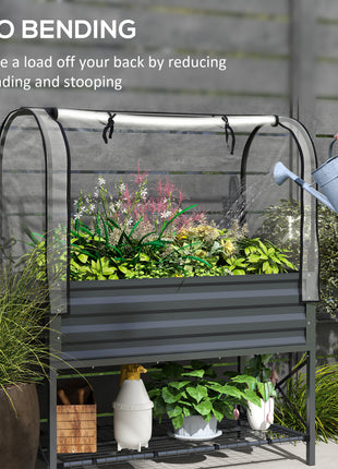 Raised Garden Bed with Legs and Cover, Metal Elevated Planter Box with Bottom Shelf and Liner for Vegetables, Dark Gray