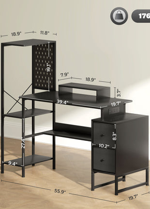 56" Computer Desk with Storage, Computer Table with Power Outlets and LED Lights, Black