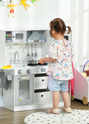Play Kitchen Set for Kids W/ Lights Sounds, Apron and Chef Hat, White
