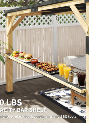 10' x 14' Wooden Gazebo, Hardtop Lean-to Gazebo Pergola with Galvanized Steel Sloped Roof, Bar Shelf, Natural Wood