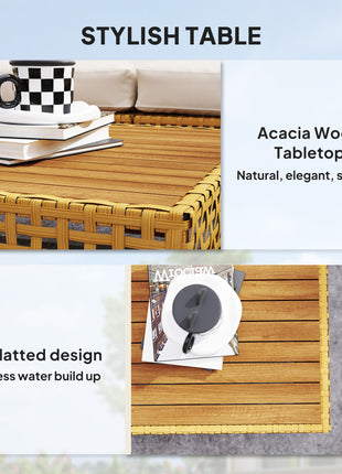 7 Piece Wicker Patio Furniture Set, Modular Outdoor Sectional with Thickened Cushions, Acacia Wood Table, Khaki/Beige