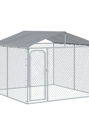 Outdoor Dog Kennel Galvanized Steel Fence with Cover Secure Lock Mesh Sidewalls for Backyard 9.8' x 9.8' x 7.7'