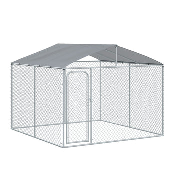 Outdoor Dog Kennel Galvanized Steel Fence with Cover Secure Lock Mesh Sidewalls for Backyard 9.8' x 9.8' x 7.7'