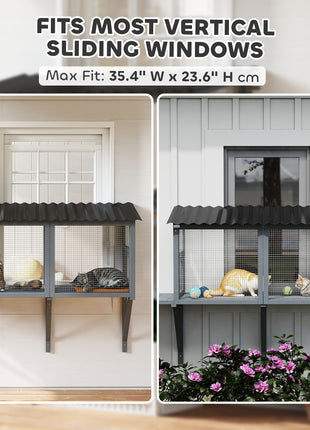 Wooden Cat Catio, Outdoor Cat Enclosure Window Perch with Jumping Platform, for Safely Enjoying Outdoor Sights, Gray