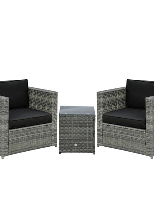 Wicker Bistro Patio Set, 2 Porch Chairs & Glass Table, Black