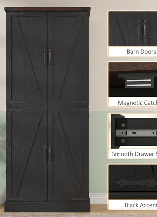 72" Tall Kitchen Pantry Cabinet, Farmhouse Storage Cabinet with 8 Door Racks and Adjustable Shelves, Black