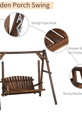 2-Seat Wooden Swing Bench, Ergonomic Design, 'A' Frame Construction, Stable and Non-Slip, Solid Wood Frame Log Garden Swing, for Outdoor and Indoor, Brown
