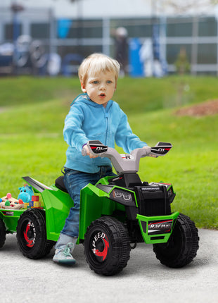 6V Electric Toy Car with Back Trailer, Forward Backward, Wear-Resistant Wheels for Ages 18-36 Months, Green