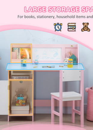 Toddler Table and Chair Set, Kids Writing Desk Homework Table with Whiteboard, Storage Cabinet, Pink
