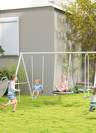 5 in 1 Kids Swing Set for Backyard with Heavy-Duty A-Frame Stand, Saucer Swing, Slide, Seesaw, Glider, Swing Seat, Gray