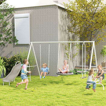 5 in 1 Kids Swing Set for Backyard with Heavy-Duty A-Frame Stand, Saucer Swing, Slide, Seesaw, Glider, Swing Seat, Gray