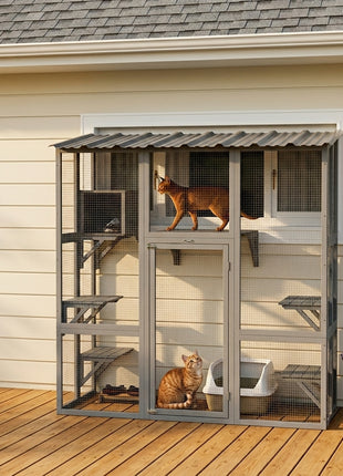 Catio Outdoor Cat Enclosure, Window Box Wooden Cat House with Bridge Platforms, Gray