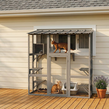 Catio Outdoor Cat Enclosure, Window Box Wooden Cat House with Bridge Platforms, Gray