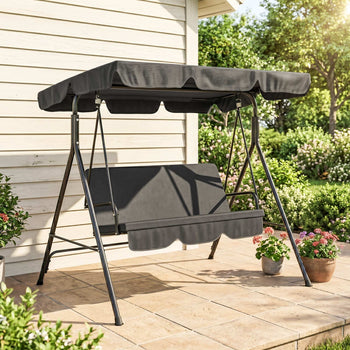 3-Seat Outdoor Patio Swing Chair w/ Cushion, Steel Frame Stand, Adjustable Tilt Canopy for Patio, Garden, Black 2