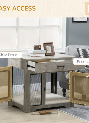 Dog Crate Furniture with Soft Water-Resistant Cushion, Drawer, for Small Dogs, Grey