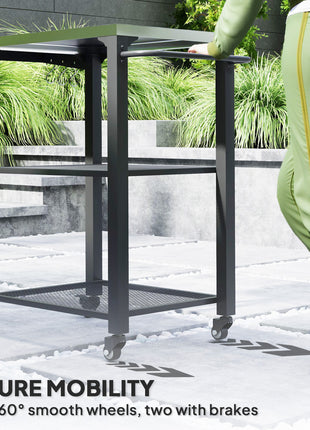 Three-Shelf Outdoor Grill Cart Table with Foldable Side Table, Stainless Steel Top Pizza Oven Stand with Hooks, Silver