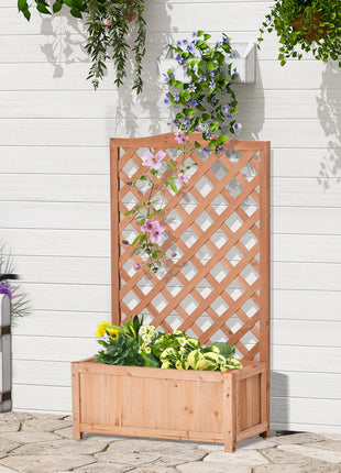 28" x 11" x 46" Raised Garden Bed, Wooden Planter Box w/ Trellis, Brown