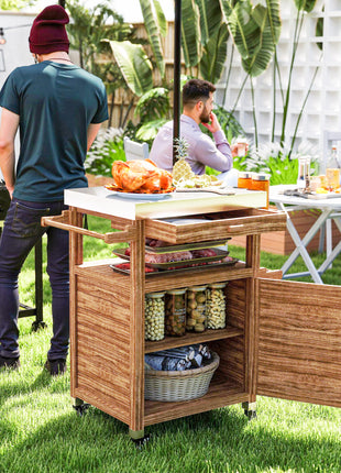 Outdoor Grill Cart with Stainless Steel Top, Solid Wood Outdoor Kitchen Island with Wheels, Drawer, Side Handle, Brown