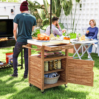 Outdoor Grill Cart with Stainless Steel Top, Solid Wood Outdoor Kitchen Island with Wheels, Drawer, Side Handle, Brown