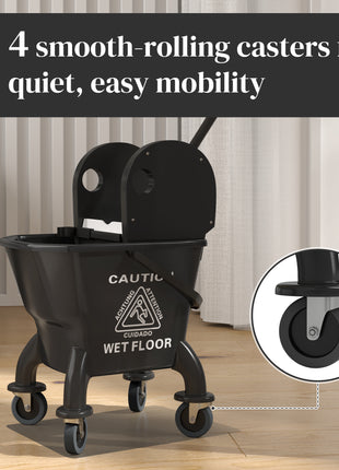 Mop Bucket with Wringer on Wheels for Floor Cleaning, 27.5 Quart Down Press Wringer with Handle and Mop, Black