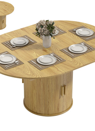 Extendable Dining Table for 6, 60" Farmhouse Kitchen Table with 2-Tier Storage Shelf and Fluted Sliding Doors, Natural