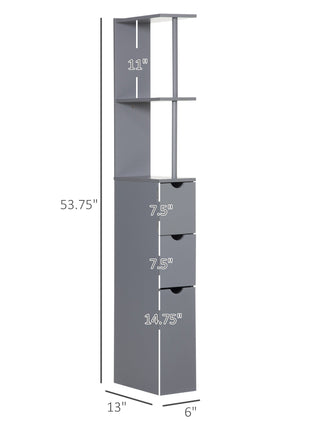 54" Tall Bathroom Storage Cabinet, Freestanding Linen Tower with 2-Tier Shelf and Drawers, Narrow Side Floor Organizer, Grey