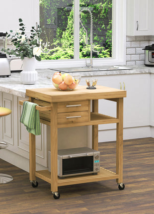 Bamboo Kitchen Island Cart on Wheels, Utility Trolley Cart with 2 Storage Drawers and Open Shelves, Bamboo Tone