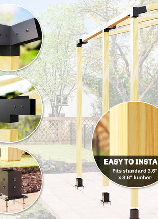 Pergola Kit, 15° Slanted Pergola Brackets w/ 4-Way/3-Way Brackets, Post Bases, Wall Mounts for 3.6" X 3.6" Lumber, Black
