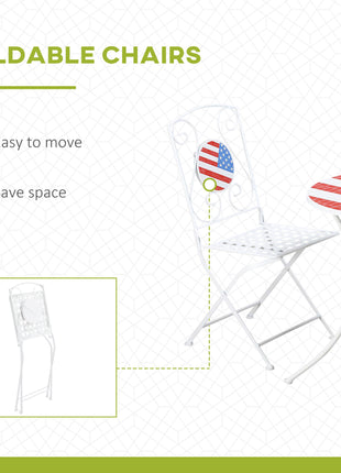 3 Piece Patio Bistro Set, Folding Outdoor Furniture with USA Mosaic Table and Chairs, Portable Metal Frames for 4th of July, Balcony, Backyard, Poolside, Porch, American Flag