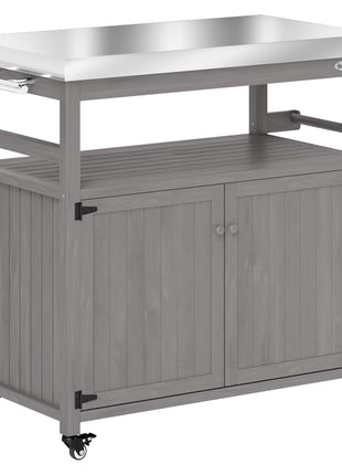 Outdoor Grill Cart w/ Stainless Steel Top, Solid Wood Outdoor Kitchen Island w/ Wheels, Storage Cabinets, Gray