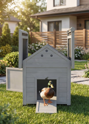 Duck Coop, Wooden Duck House with Openable Roof & Double Doors, Light Gray