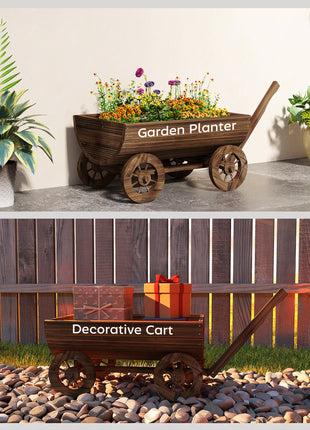 Wooden Wagon Planter Box, Mobile Garden Planter with 4 Wheels, Small Wheelbarrow Wagon Flower Cart with Drainage Hole