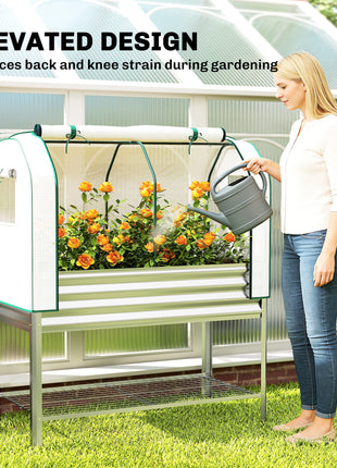 Galvanised Raised Garden Bed with Greenhouse Cover, Metal Elevated Garden Bed with Bed Liner, Bottom Shelf, Silver