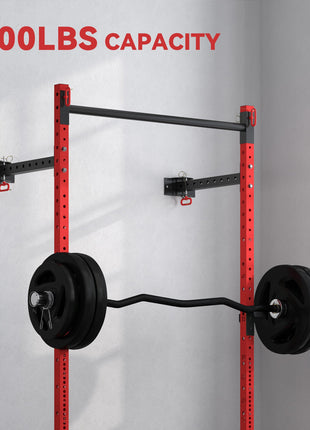 Folding Squat Rack with Pull Up Bar, Wall Mounted and Adjustable, 1000 Pounds Capacity Power Rack, Red