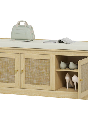 Shoe Storage Bench with Woven Rattan Doors, Shoe Bench with Cushion, Adjustable Shelves, Entryway Bench, Oak Tone
