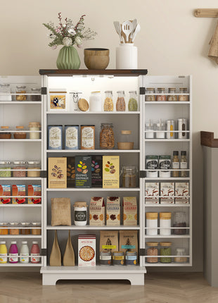 47" Kitchen Cabinet with Sensing LED Light, Kitchen Pantry Cabinet with Doors, Adjustable Shelves, Door Shelves, White