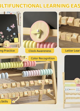 Wooden Kids Art Easel with Double-Sided Chalkboard, Clock, Abacus, Blackboard Eraser for Painting, for Ages 2+, Natural