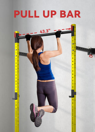Folding Squat Rack with Pull Up Bar, Wall Mounted and Adjustable, 1000 Pounds Capacity Power Rack, Yellow
