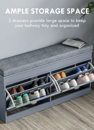 Modern Shoe Storage Bench, Entry Way Bench with Cushion, 2 Drawers, Storage Ottoman Bench, Holds 8 Pairs, Gray