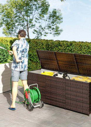 175 Gallon Outdoor Storage Box with Inner Liner, PE Rattan Wicker Deck Box with Pneumatic Bar Lift, Mixed Brown