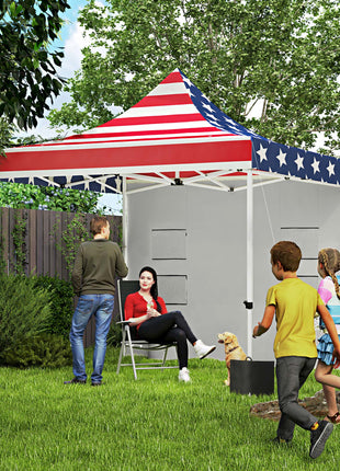 10' x 10' Heavy Duty Pop Up Canopy Tent with Sidewall, UPF50+ Instant Sun Shelter with Storage Pockets, American Flag