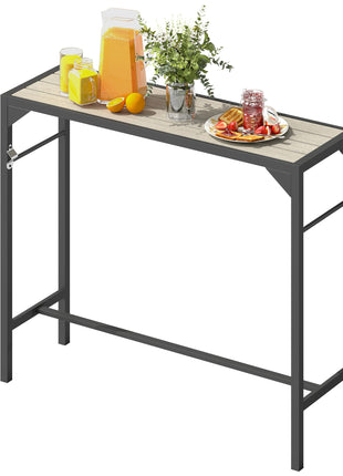 Outdoor Bar Table, Bar Height Patio Bar Table w/ Built-In Bottle Opener, Plastic Top with Wood Grain, 47.25" x 15" x 39"